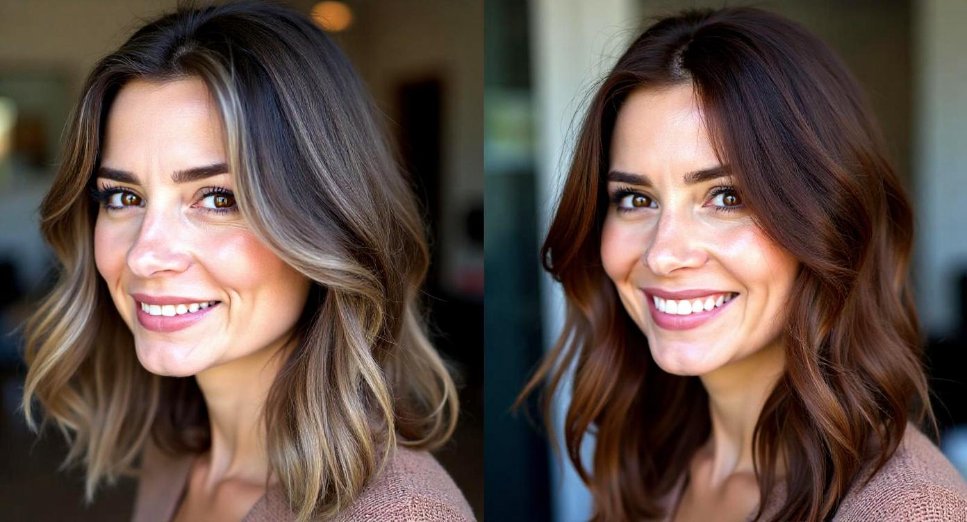 Before and after transformation showing 100% grey coverage with Melome hair color - woman with natural black hair
